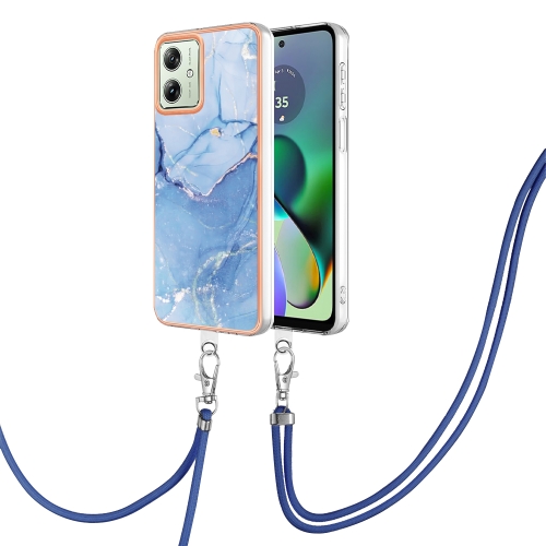 

For Motorola Moto G54 Electroplating Marble Dual-side IMD Phone Case with Lanyard(Blue 018)