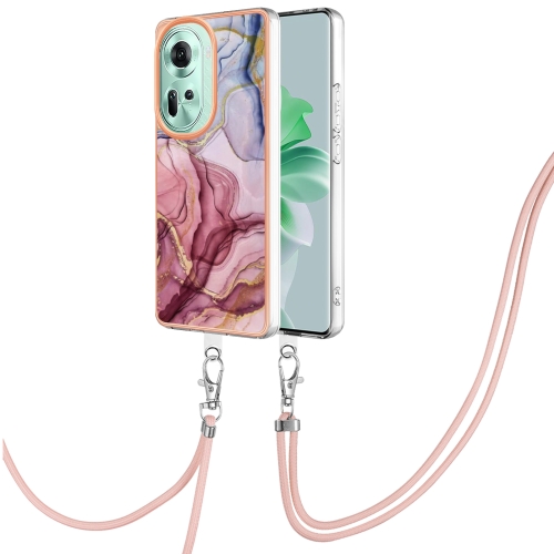 

For OPPO Reno11 5G Global Electroplating Marble Dual-side IMD Phone Case with Lanyard(Rose Red 014)
