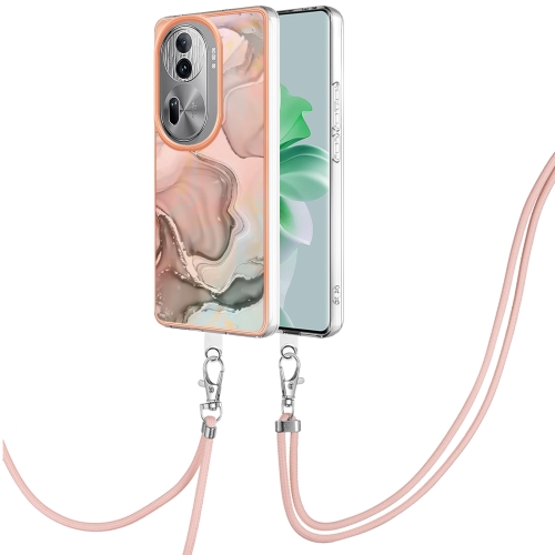 

For OPPO Reno11 Pro 5G Global Electroplating Marble Dual-side IMD Phone Case with Lanyard(Rose Gold 015)
