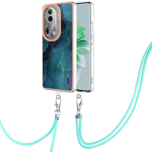 

For OPPO Reno11 Pro 5G Global Electroplating Marble Dual-side IMD Phone Case with Lanyard(Green 017)