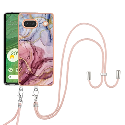 

For Google Pixel 7A Electroplating Marble Dual-side IMD Phone Case with Lanyard(Rose Red 014)