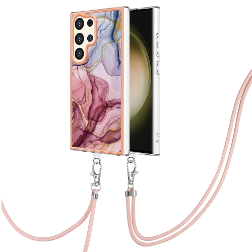 

For Samsung Galaxy S24 Ultra 5G Electroplating Marble Dual-side IMD Phone Case with Lanyard(Rose Red 014)