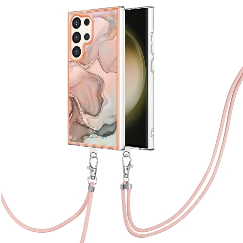

For Samsung Galaxy S24 Ultra 5G Electroplating Marble Dual-side IMD Phone Case with Lanyard(Rose Gold 015)