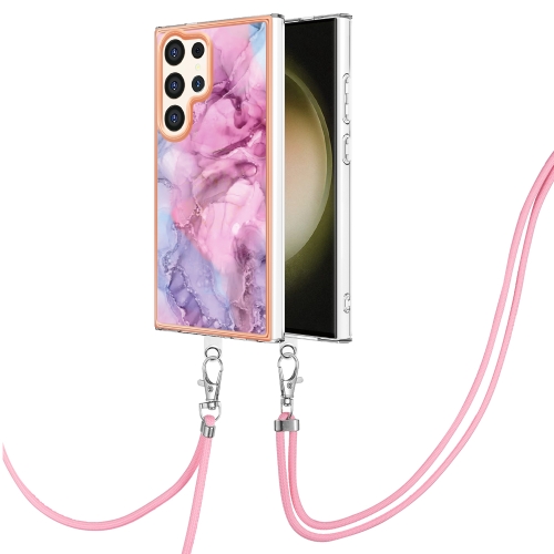 

For Samsung Galaxy S24 Ultra 5G Electroplating Marble Dual-side IMD Phone Case with Lanyard(Pink 013)