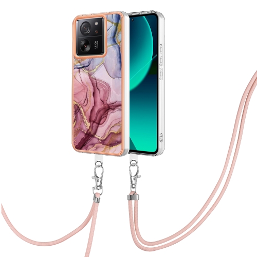 

For Xiaomi 13T/13T Pro Electroplating Marble Dual-side IMD Phone Case with Lanyard(Rose Red 014)