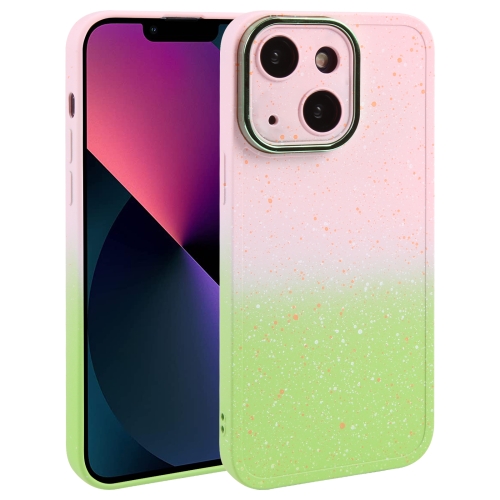 

For iPhone 13 Gradient Starry Silicone Phone Case with Lens Film(Pink Green)