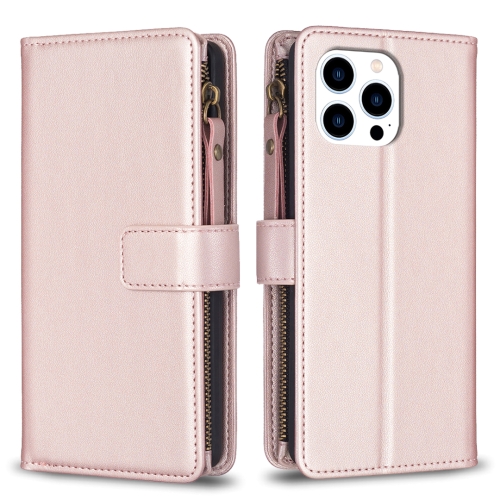 

For iPhone 15 Pro 9 Card Slots Zipper Wallet Leather Flip Phone Case(Rose Gold)