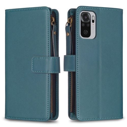 

For Xiaomi Redmi Note 10 9 Card Slots Zipper Wallet Leather Flip Phone Case(Green)