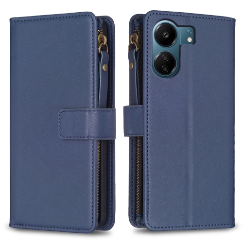 

For Xiaomi Redmi 13C 9 Card Slots Zipper Wallet Leather Flip Phone Case(Blue)