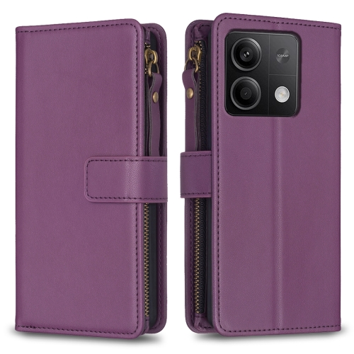 

For Xiaomi Redmi Note 13 4G Global 9 Card Slots Zipper Wallet Leather Flip Phone Case(Dark Purple)