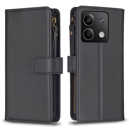 

For Xiaomi Redmi Note 13 4G Global 9 Card Slots Zipper Wallet Leather Flip Phone Case(Black)