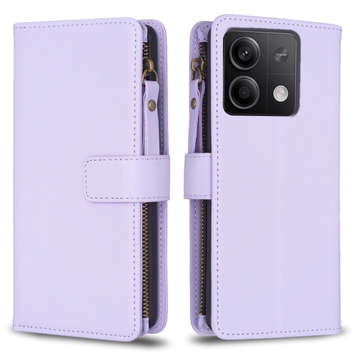 

For Xiaomi Redmi Note 13 4G Global 9 Card Slots Zipper Wallet Leather Flip Phone Case(Light Purple)