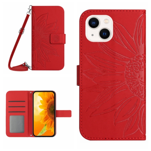

For iPhone 15 Plus Skin Feel Sun Flower Embossed Flip Leather Phone Case with Lanyard(Red)