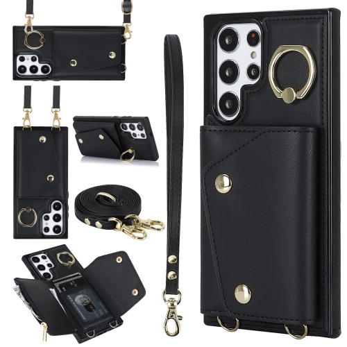 

For Samsung Galaxy S22 Ultra 5G Zipper Card Bag Phone Case with Dual Lanyard(Black)