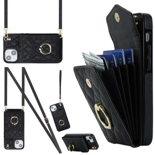 

For iPhone 14 Rhombic Texture Card Bag Phone Case with Long Lanyard(Black)