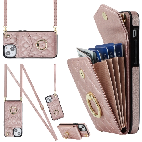 

For iPhone 14 Rhombic Texture Card Bag Phone Case with Long Lanyard(Rose Gold)