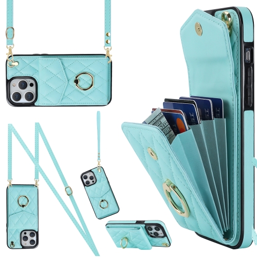 

For iPhone 14 Pro Rhombic Texture Card Bag Phone Case with Long Lanyard(Mint Green)