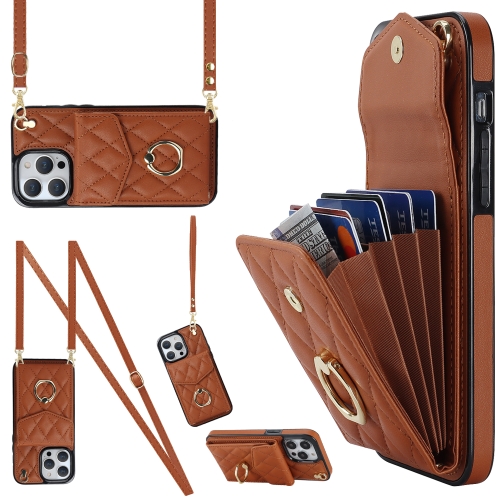 

For iPhone 14 Pro Max Rhombic Texture Card Bag Phone Case with Long Lanyard(Brown)