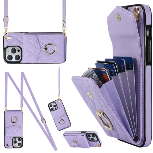 

For iPhone 14 Pro Max Rhombic Texture Card Bag Phone Case with Long Lanyard(Light Purple)