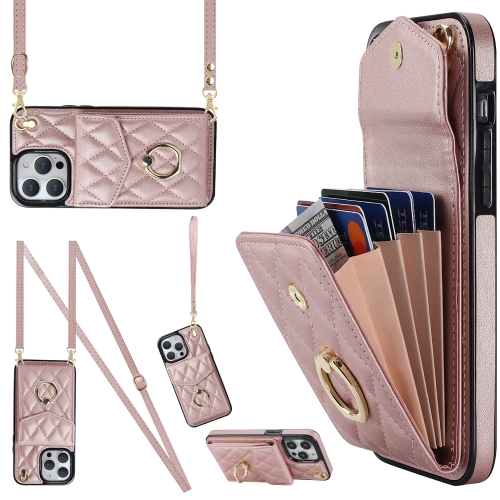 

For iPhone 13 Pro Max Rhombic Texture Card Bag Phone Case with Long Lanyard(Rose Gold)