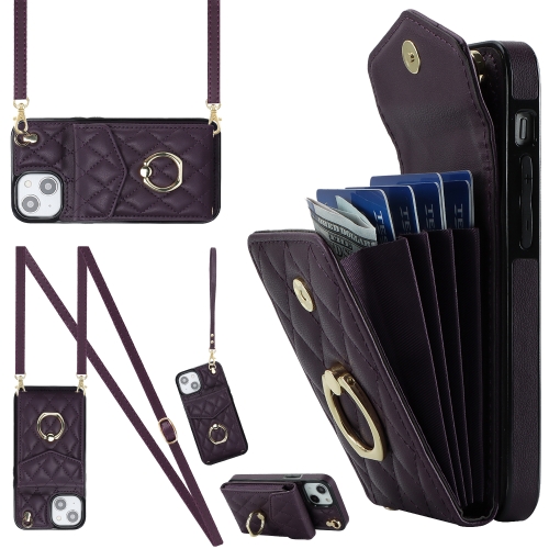 

For iPhone 13 Rhombic Texture Card Bag Phone Case with Long Lanyard(Dark Purple)