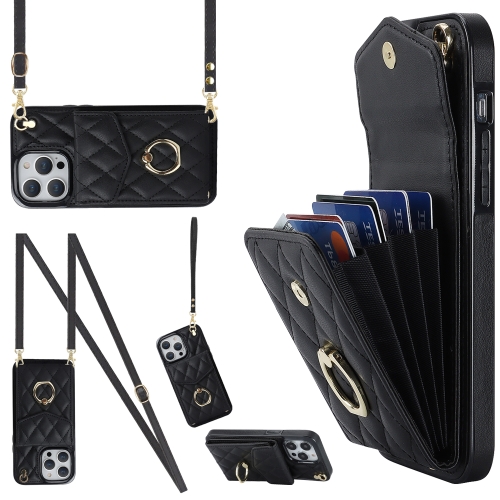 

For iPhone 12 / 12 Pro Rhombic Texture Card Bag Phone Case with Long Lanyard(Black)