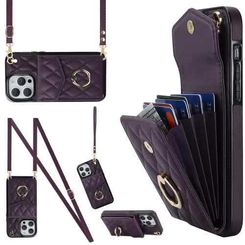 

For iPhone 12 / 12 Pro Rhombic Texture Card Bag Phone Case with Long Lanyard(Dark Purple)