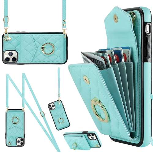 

For iPhone 11 Pro Max Rhombic Texture Card Bag Phone Case with Long Lanyard(Mint Green)
