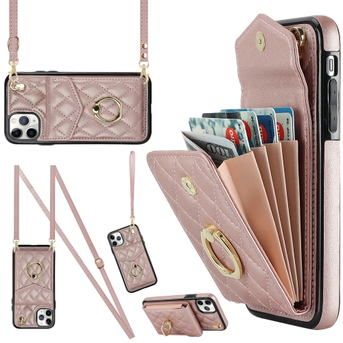 

For iPhone 11 Pro Max Rhombic Texture Card Bag Phone Case with Long Lanyard(Rose Gold)
