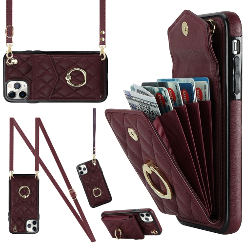 

For iPhone 11 Pro Max Rhombic Texture Card Bag Phone Case with Long Lanyard(Wine Red)