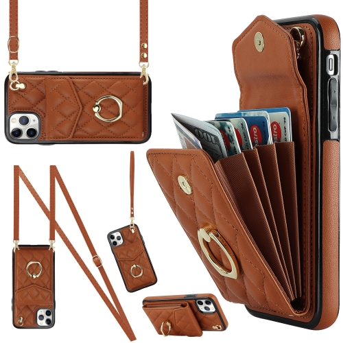 

For iPhone 11 Pro Max Rhombic Texture Card Bag Phone Case with Long Lanyard(Brown)