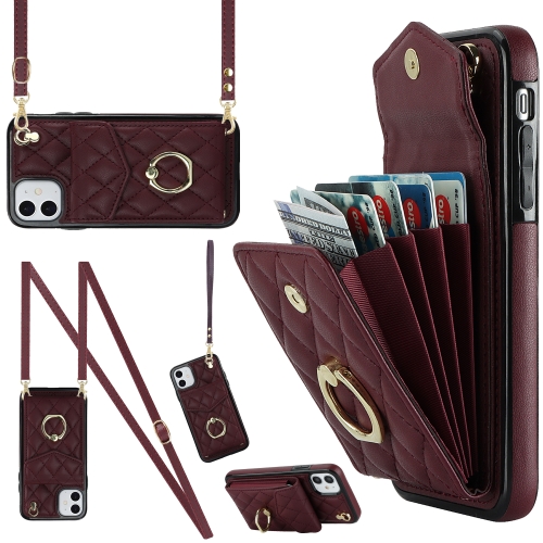 

For iPhone 11 Rhombic Texture Card Bag Phone Case with Long Lanyard(Wine Red)