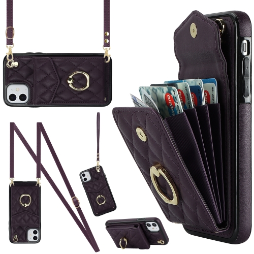 

For iPhone 11 Rhombic Texture Card Bag Phone Case with Long Lanyard(Dark Purple)