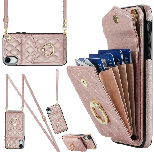 

For iPhone XR Rhombic Texture Card Bag Phone Case with Long Lanyard(Rose Gold)