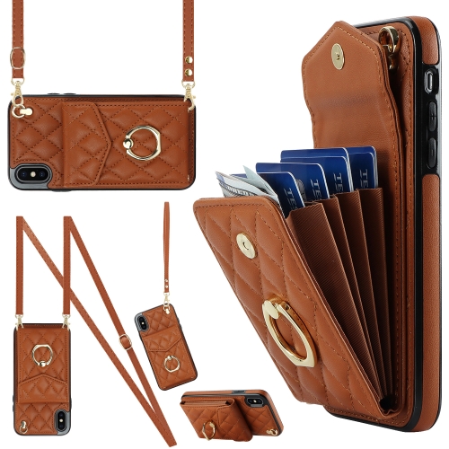 

For iPhone XS Max Rhombic Texture Card Bag Phone Case with Long Lanyard(Brown)