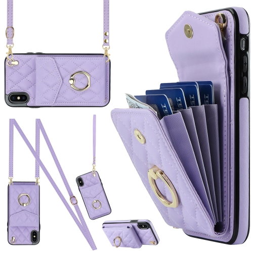 

For iPhone XS Max Rhombic Texture Card Bag Phone Case with Long Lanyard(Light Purple)