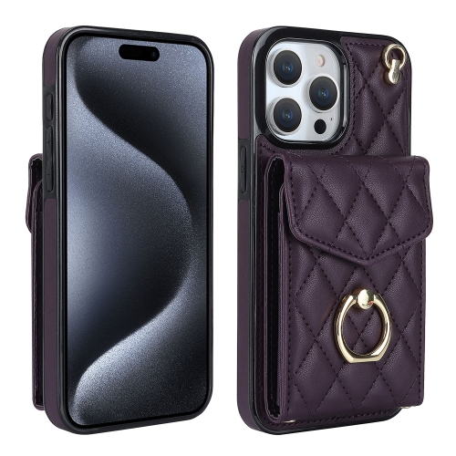 

For iPhone 15 Pro Rhombic Texture Card Bag Phone Case with Long Lanyard(Dark Purple)