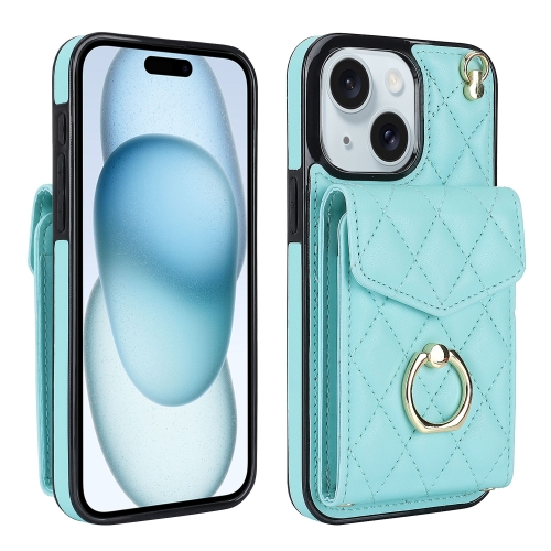 

For iPhone 15 Plus Rhombic Texture Card Bag Phone Case with Long Lanyard(Mint Green)