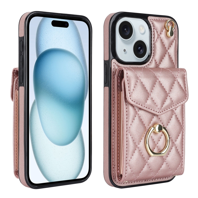 For iPhone 15 Plus Rhombic Texture Card Bag Phone Case with Long Lanyard(Rose Gold)
For iPhone 15 Plus Rhombic Texture Card Bag Phone Case with Long Lanyard(Rose Gold)