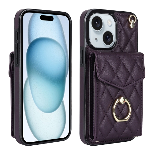 

For iPhone 15 Plus Rhombic Texture Card Bag Phone Case with Long Lanyard(Dark Purple)