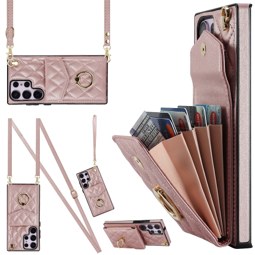 

For Samsung Galaxy S23 Ultra 5G Rhombic Texture Card Bag Phone Case with Long Lanyard(Rose Gold)