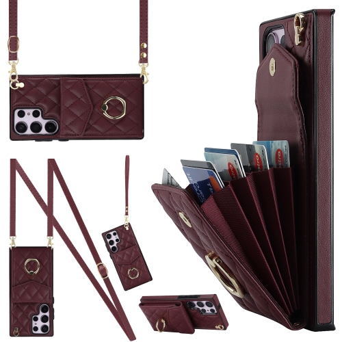 

For Samsung Galaxy S23 Ultra 5G Rhombic Texture Card Bag Phone Case with Long Lanyard(Wine Red)