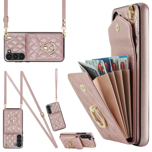 

For Samsung Galaxy S23 5G Rhombic Texture Card Bag Phone Case with Long Lanyard(Rose Gold)