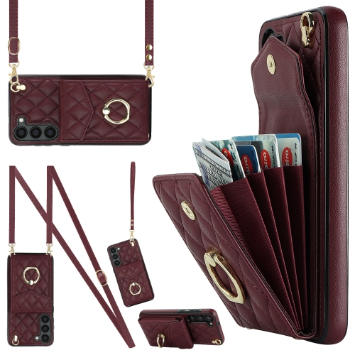 

For Samsung Galaxy S23 5G Rhombic Texture Card Bag Phone Case with Long Lanyard(Wine Red)