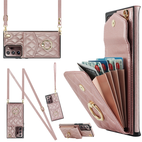 

For Samsung Galaxy Note20 Ultra Rhombic Texture Card Bag Phone Case with Long Lanyard(Rose Gold)