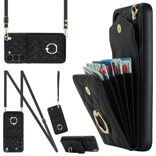 

For Samsung Galaxy S24 5G Rhombic Texture Card Bag Phone Case with Long Lanyard(Black)