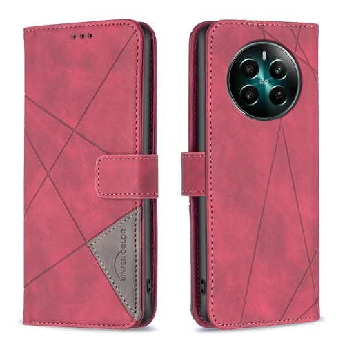 

For Realme 12+ 5G Magnetic Buckle Rhombus Texture Leather Phone Case(Red)