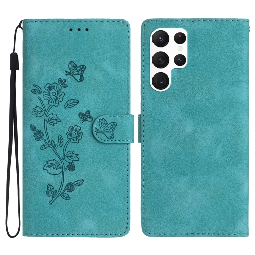 

For Samsung Galaxy S23 Ultra 5G Flower Butterfly Embossing Pattern Leather Phone Case(Sky Blue)