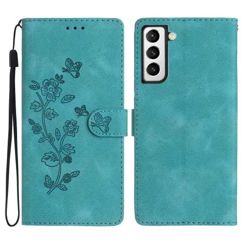 

For Samsung Galaxy S22+ 5G Flower Butterfly Embossing Pattern Leather Phone Case(Sky Blue)