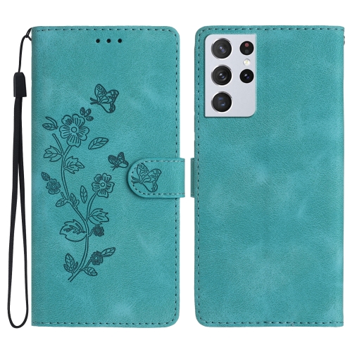 

For Samsung Galaxy S21 Ultra 5G Flower Butterfly Embossing Pattern Leather Phone Case(Sky Blue)